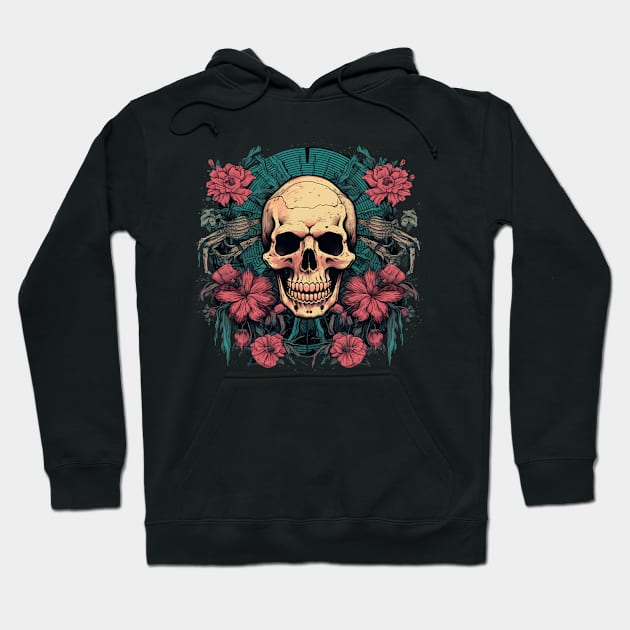 Skull with Tropical Flowers and Tribal Patterns Hoodie by TOKEBI